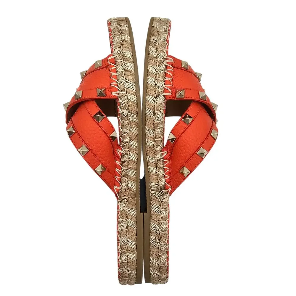 Valentino Garavani Rockstud Flat Slide Espadrille Sandal Orange Size 39 US 9
